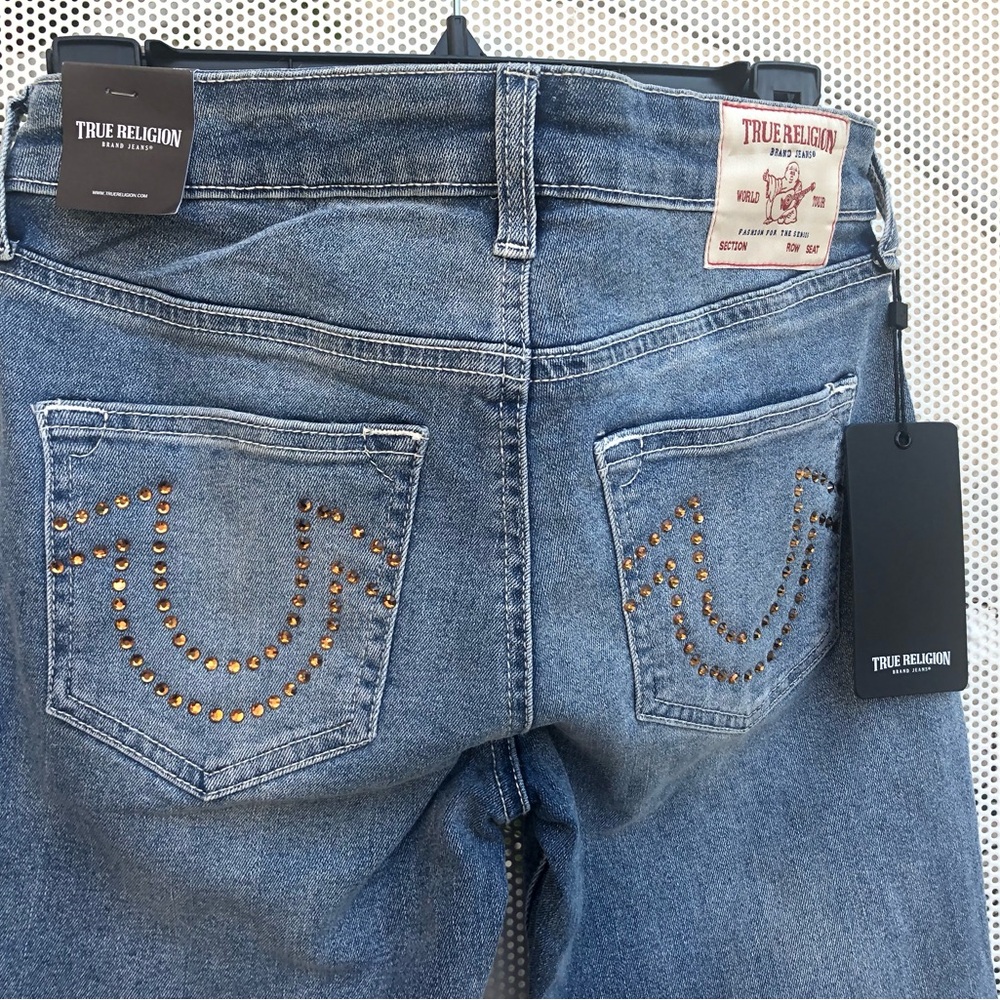 True Religion Women's Blue Bootcut Jeans with Studded Back Pockets